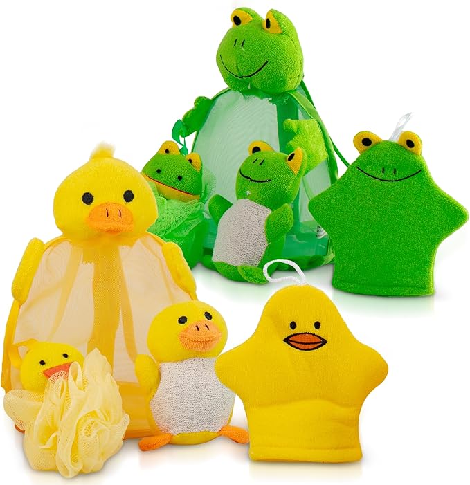 Ducky Scrub 'N Soak Baby Loofah for Bathing Set for Kids Body Scrubber Cute Cartoon Kids Loofah Bath Scrubber for Children Shower Washing Exfoliating, Baby Bath Sponge Yellow Duck Included