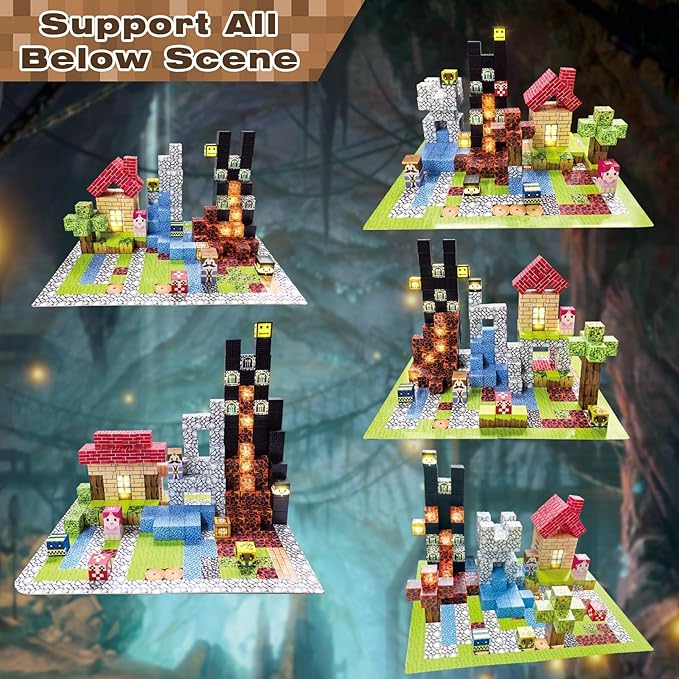 200 PCS Magnetic Building Blocks with 15 LED Light-Up Blocks (Replaceable Battery)&Foldable Magnetic Board,STEM Educational Magnet Cube Set,Creative Construction Toy Gift for Kids (Boys&Girls Ages 3+)