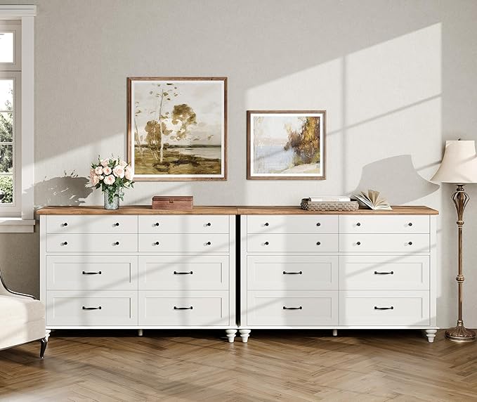 WAMPAT 2-in-1 Kids Dresser for Nursery with 16 Drawers, Off White Baby Dresser Set for Kids Room, Wide Wooden Chests & Dressers for Bedroom, Distressed Storage Organizer for Child’s Room, 54 Inch