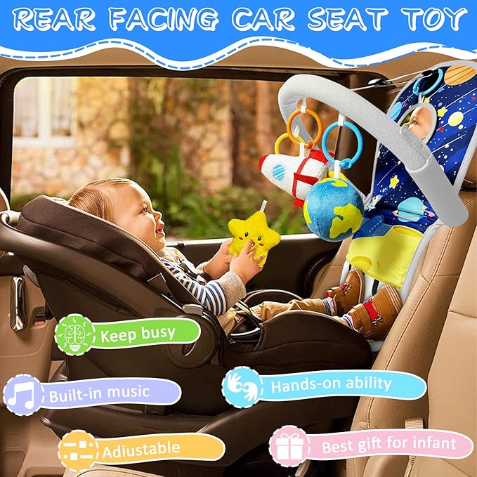 Car Seat Toys for Baby Infant 6 Months and Up, Carseat Toys with Musical Pedal Piano, Baby Mirror and Hanging Squeaky Sensory Soft Baby Toys 6 to 12 Months, Baby Car Toys Rear Facing