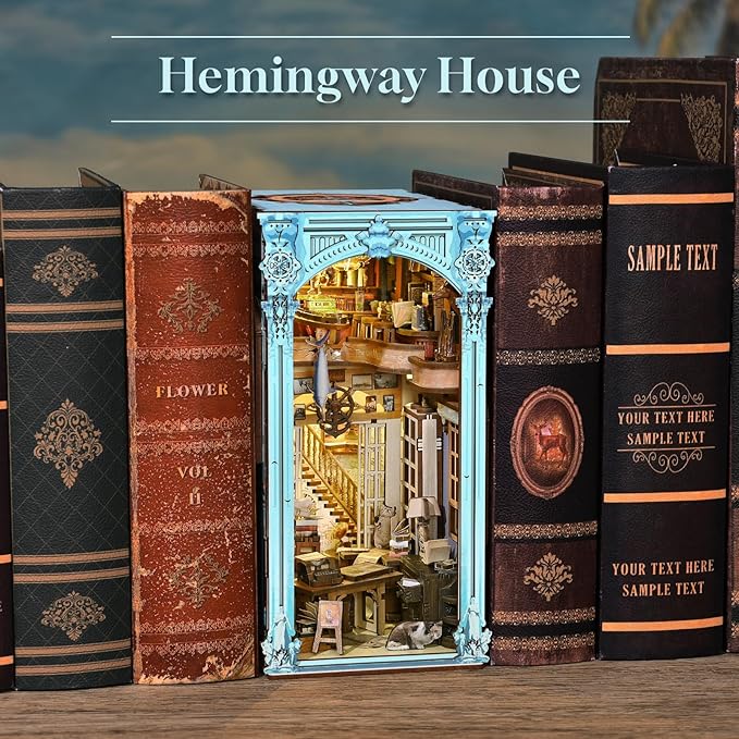 Book Nook Kit, DIY Miniature Dollhouse Booknook Kit, 3D Wooden Puzzle Bookend Bookshelf Insert Decor with LED Light for Teens and Adults(Hemingway House)