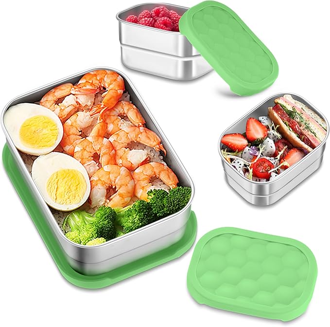 HaWare Stainless Steel Lunch Box Containers for Kids, Leak Proof Food Storage Containers with Green Silicone Lids, Easy Open Bento Box for School and Daycare, Portable Metal Snack Box (8oz*2+25oz)