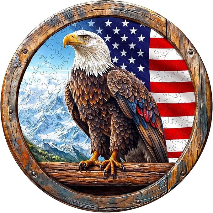 KAAYEE Wooden Puzzles for Adults, 3D Vision Effect Bald Eagle Wooden Jigsaw Puzzle Unique Shape Wood Puzzle Adult, Flat Puzzle Birthday Fathers Family Game (M-11.4 * 11.4in-200pcs)