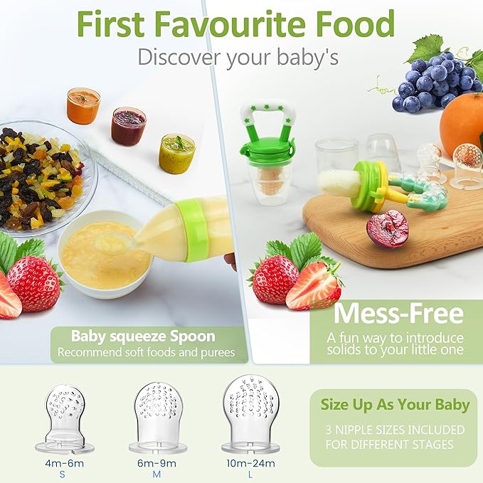 WAJIAYON Baby Fruit Feeder Pacifier - 5 Pack | 2 Infant Food Feeder Pacifier & 1 Baby Food Dispensing Spoon | Fresh Fruit Teethers for Babies | Shower Gifts for Boys and Girls (Green&Yellow)