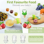 WAJIAYON Baby Fruit Feeder Pacifier - 5 Pack | 2 Infant Food Feeder Pacifier & 1 Baby Food Dispensing Spoon | Fresh Fruit Teethers for Babies | Shower Gifts for Boys and Girls (Green&Yellow)