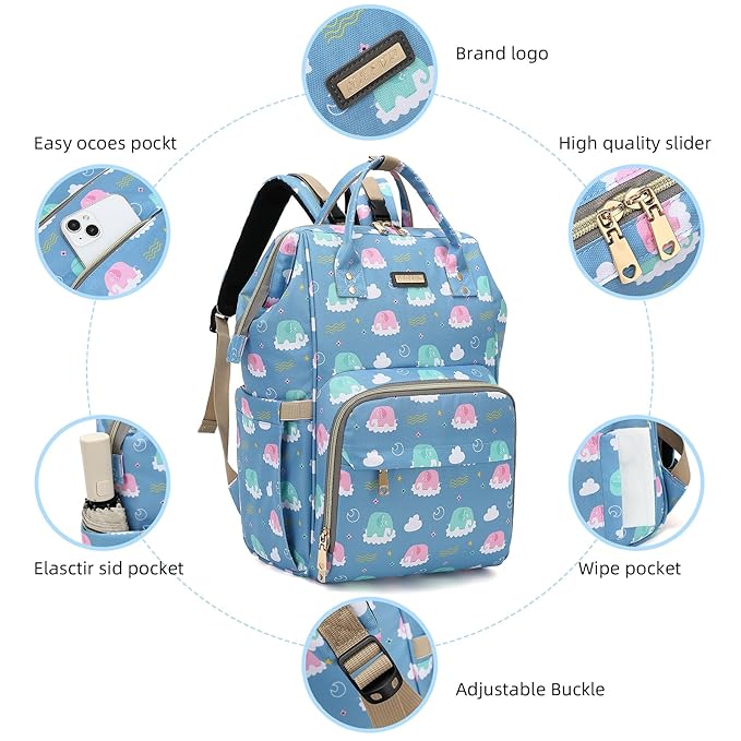 Diaper Bag Backpack, Diaper Bags for Baby Girls Boys, Baby Bags for Moms Dads, Nappy Changing Bag with Insulated Pockets,Multi-functional Waterproof Backpack with Stroller straps-Deep blue elephant