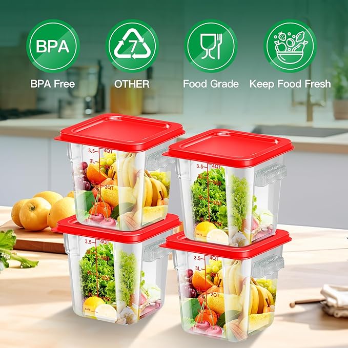 4 pcs 4qt Food Storage Containers with Lid, Square Clear Commercial Food Storage Containers with Handle and Scale for Food Storage in Home Kitchen & Dining (Red)