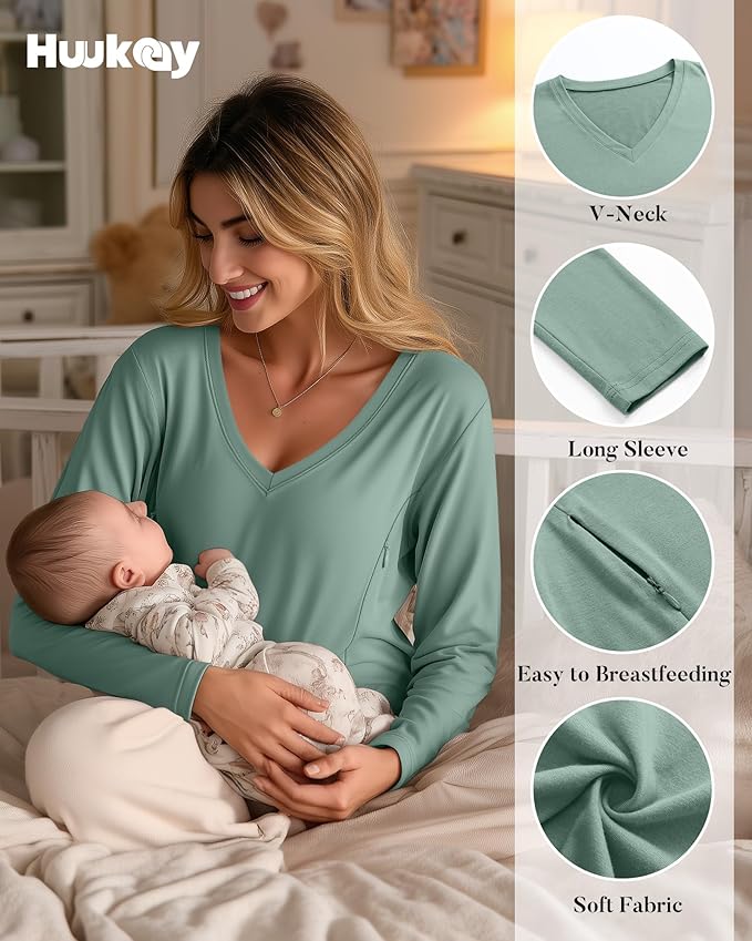 Huukeay 3 Pack Women's Long Sleeve Nursing Tops, Breastfeeding Hidden Zippers Shirts V Neck Maternity Pregnancy Tees Clothes
