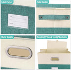 Large Linen Fabric Foldable Storage Bins with Removable Lid and Handles, Washable Storage Box Organizer Containers Baskets Cube with Cover for Bedroom,Office (Turquoise&Cream, Large(2-Pack))