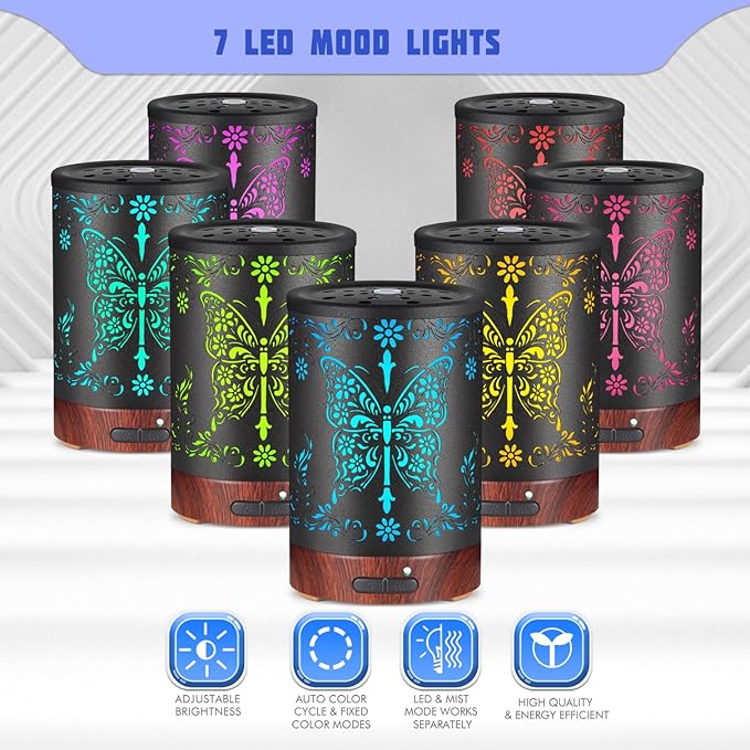 Metal Essential Oils Diffuser 150ML for Women Mom Grandma Wife, Aromatherapy Diffuser Cool Mist Humidifier with 7 Colors Lights Waterless Auto Off Air Diffusers(Butterfly)