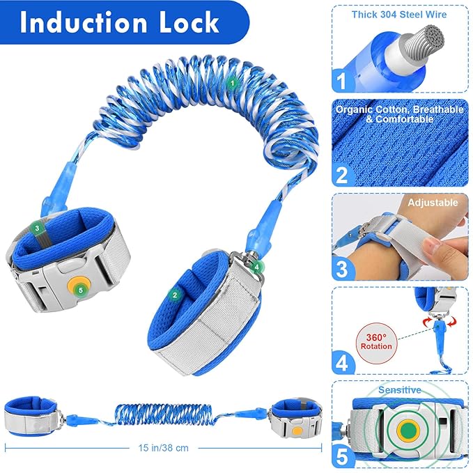 Accmor Anti Lost Wrist Link with Induction Lock, Upgraded Toddler Leash, Reflective Kids Wrist Leash for Baby, Child Walking Wristband Leashes with Magnetic Unlock Design for Boys, Dark Blue (6.5ft)