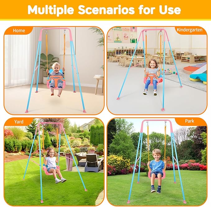 4 in 1 Toddler Swing Set & Baby Jumper, Heavy Duty Kids Swing with Bouncer, Foldable Metal Stand for Indoor & Outdoor, Easy Install & Store (Blue Pink)