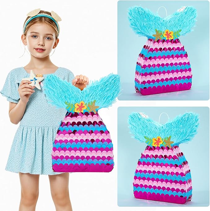 WERNNSAI Mermaid Piñata - Mermaid Party Games Decorations Mermaid Tail Piñata with Blindfold and Bat for Girls Kids Under the Sea Themed Birthday Party Supplies (12.5" x 16.5" x 3")
