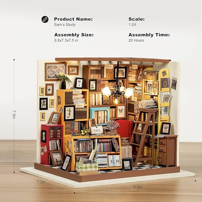 Rolife DIY Miniature House Kit Sam's Study, Tiny House Kit for Adults to Build, Mini House Making Kit with Furnitures, Halloween/Christmas Decorations/Gifts for Family and Friends (Sam's Bookstore)