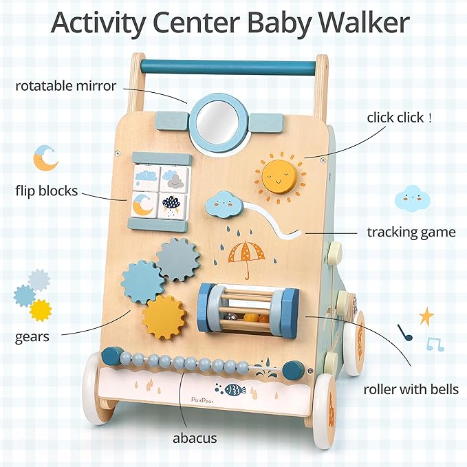 PairPear Wooden Baby Walker, Baby Push Walker, Montessori Walker Toy with Activity Center for Girls Boys, Adjustable Speed Baby Walker for Kids Development