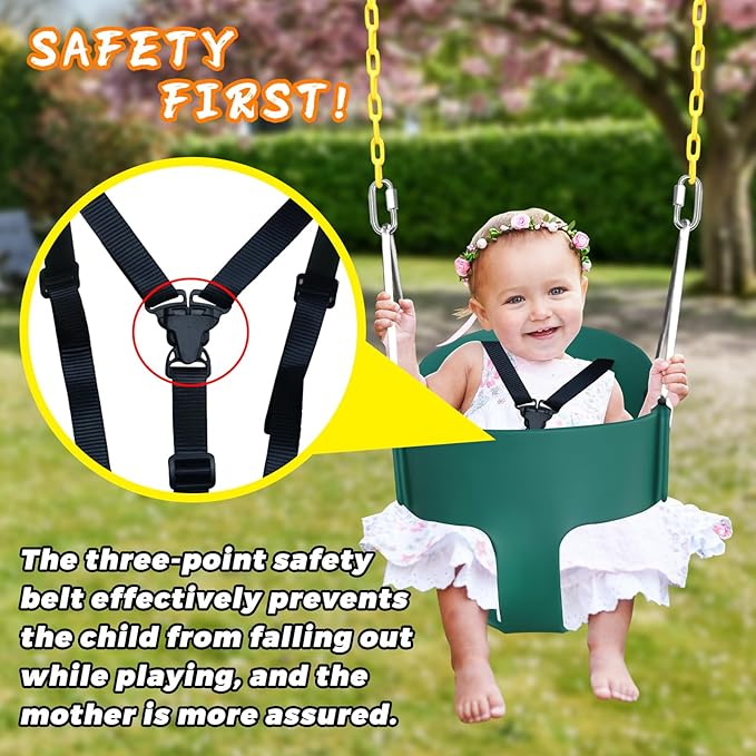 High Back Full Bucket Toddler Swing Seat with 3- Point Adjustable Safety Harness, 66 inch Detachable Chain,Suitable for Babies Aged 6-24 Months，Baby Swing for Swingset (Green)