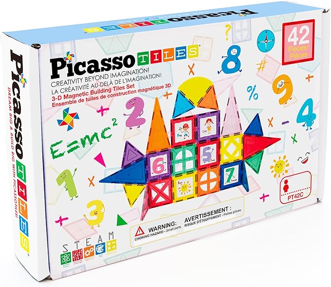 PicassoTiles Magnetic Building Blocks with Tiles and Click-in Educational Graphic Arts Magnet Construction Toy Set STEM Learning Playset Child Brain Development Stacking Playboard