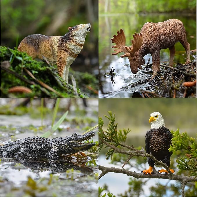 Toymany 12PCS North American Forest Animal Figurines, Realistic Jungle Animal Set Includes Moose,Cougar,Wolf,Bear,Eagle,Deer Educational Toy Cake Toppers Christmas Birthday Gift for Toddlers Kids 3-5