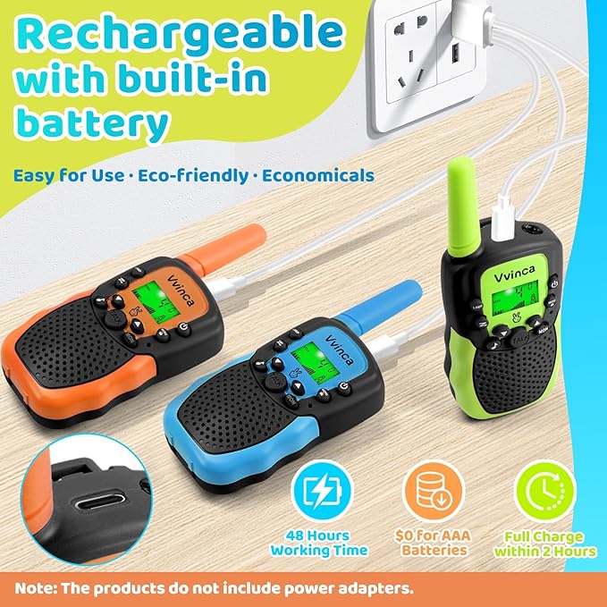 Vvinca Walkie Talkies for Kids Rechargeable 3 Pack, Toys for Boys Girls Age 3-13 Ourdoor Camping Birthday Gift, 3KM Long Range Walkie-Talkie 2 Way Radios 22 CH VOX with Li-ion Battery Flashlight