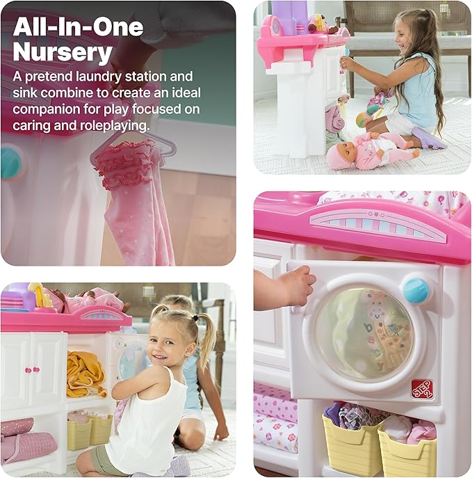 Step2 Love & Care Deluxe Baby Doll Nursery Playset for Kids, Compact Changing Station & Crib, Made of Durable Plastic, Includes Toy Accessories, For Toddlers 2-6 Years Old, Pink