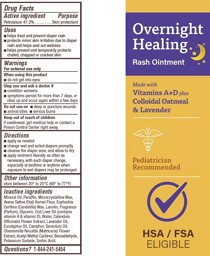 A+D Overnight Healing Diaper Rash Ointment - Soothes, Protects & Relieves Diaper Rash Overnight with Lavender & Colloidal Oatmeal - Healing Ointment for Red, Itchy, Irritated Skin - 3.6oz