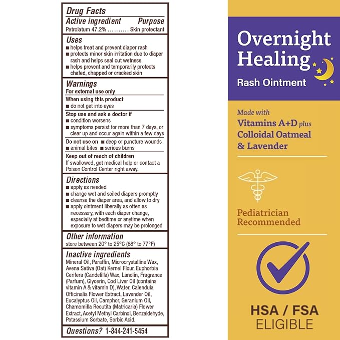 A+D Overnight Healing Diaper Rash Ointment - Soothes, Protects & Relieves Diaper Rash Overnight with Lavender & Colloidal Oatmeal - Healing Ointment for Red, Itchy, Irritated Skin - 15.2 oz Jar