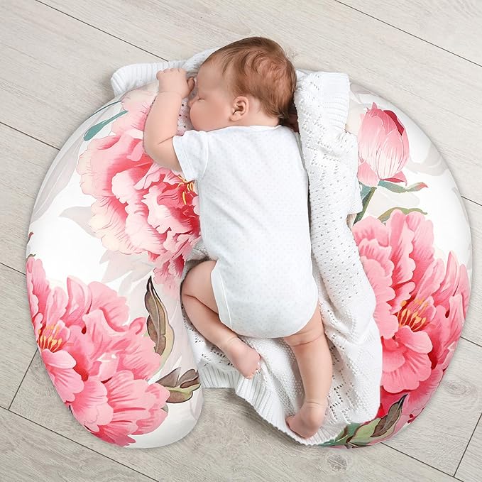 Nursing Pillow Cover, Breastfeeding Pillow Cover Stretchy Removable Feeding Pillowcase for Newborn, Ultra Soft and Comfortable Nursing Pillow Slipcover for Baby Girls Boys, Pink Peony Floral