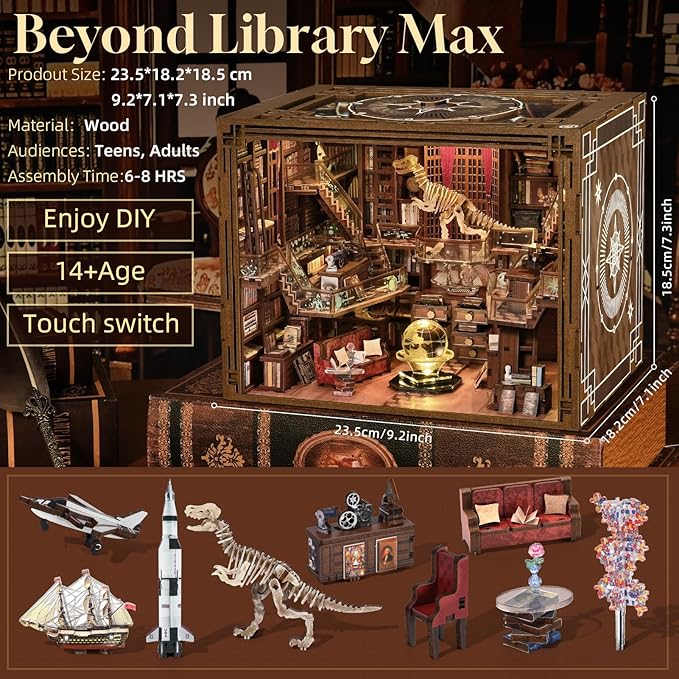 Book Nook Kit, DIY Miniature Dollhouse Booknook Kit, 3D Wooden Puzzle Bookend Bookshelf Insert Decor with LED Light for Teens and Adults (Beyond Library Max)
