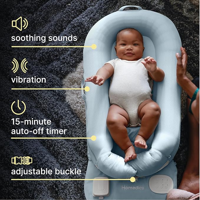 MyBaby 3-in-1 Calming Baby Cushion, Soothing Comfort for Newborns & Infants, Snuggling Sensation, Sound and Vibration, Designed for Safety, Rechargeable & Machine-Washable, by Homedics, Blue
