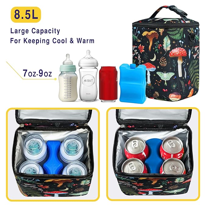 Breastmilk Cooler Bag with Ice Pack Fits 4 Baby Bottles Up to 9 Ounce Insulated Baby Bottle Bag Breast Milk Cooler on The Go with Strap Baby Bottle Cooler Bag for Nursing Mom Daycare or Travel