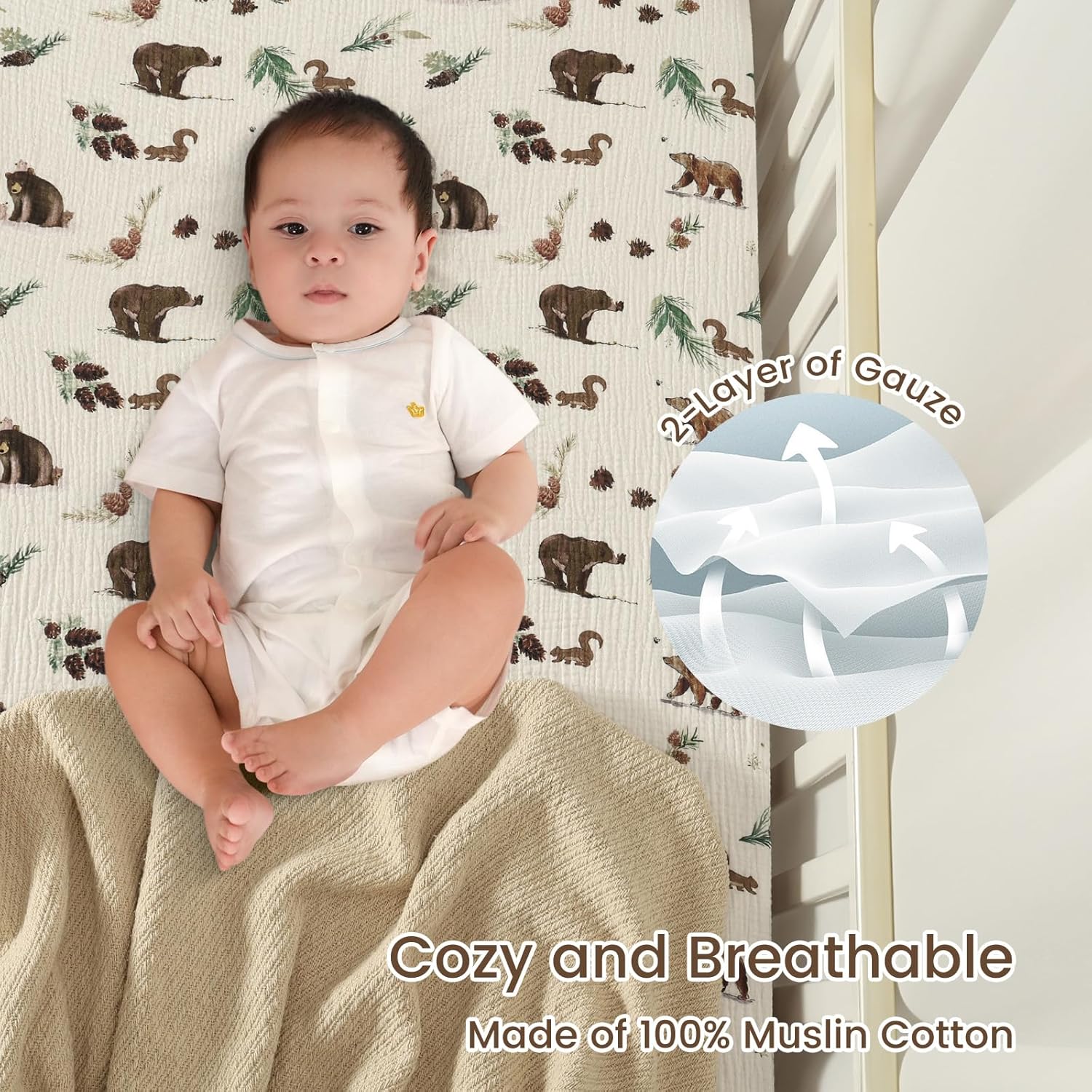 david's kids Muslin Crib Sheets for Boys Girls, 2 Pack 100% Cotton Soft Breathable Fitted Baby Sheet Set, 28x52 Inch Fits Standard Crib and Toddler Mattresses, Woodland Animal