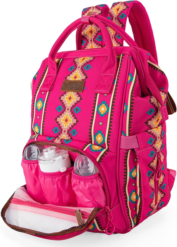 Wrangler Aztec Backpack Organized Daypack Travel Baby Bag with Stroller Strap and Side Bottle Pockets