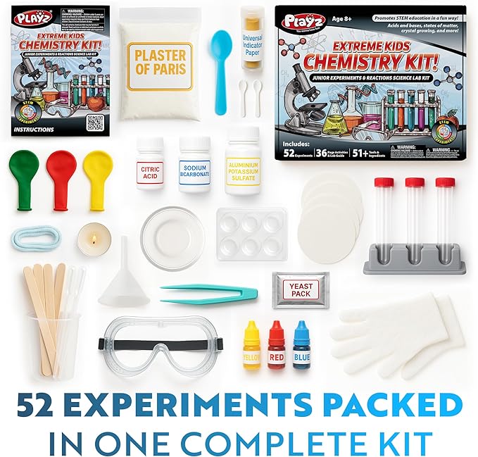Playz Extreme Chemistry Set – 52 Unique Experiments, Science Kits for Kids Age 8-12, Lab Gear, Volcano Project, Learning Tools, Fair Activity, Discovery Gift, STEM Toys for Boys and Girls