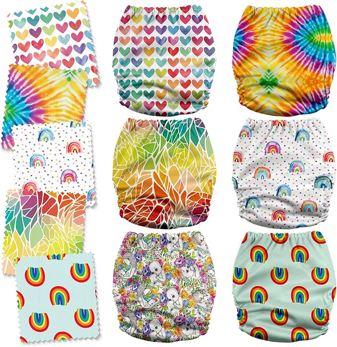 Mama Koala 3.0 Cloth Diapers for Babies, 6 Pack One Size Washable and Reusable Pocket Diapers for Newborns and Toddlers (Rainbow and Love)