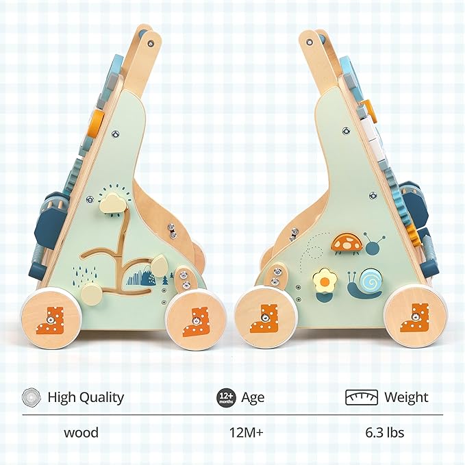 PairPear Wooden Baby Walker, Baby Push Walker, Montessori Walker Toy with Activity Center for Girls Boys, Adjustable Speed Baby Walker for Kids Development