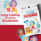 BioSwiss Bandages, Mermaid Shaped Self Adhesive Bandage, Latex Free Sterile Wound Care, Fun First Aid Kit Supplies for Kids, 24 Count