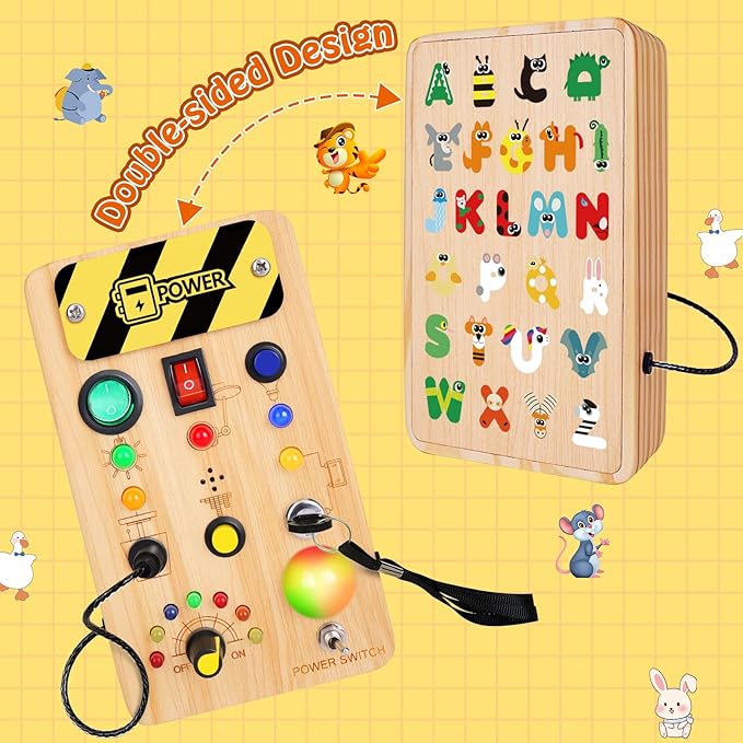 Busy Board Montessori Toys for Toddler, Wooden Sensory Board Switch Toy with Color-Changing LED Light Up Travel Toys Educational Plane Travel Activity for 1-6 Year Old Girls & Boys Gifts