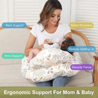 Nursing Pillow for Breastfeeding, Breastfeeding Essentials for Newborn, More Support for Mom and Baby, with Adjustable Waist Strap and Removable Cotton Cover (Big Leaves)
