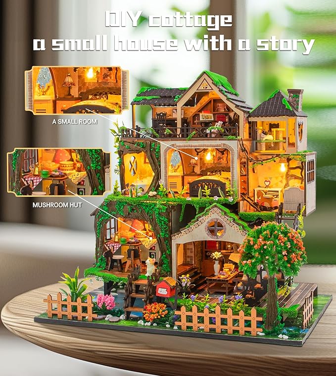 Spilay Miniature Dollhouse Miniature House Kit,DIY Kit Mini Modern Villa Model with Music Box ，Best Christmas Birthday Gift.(Fairy Tale Forest)
