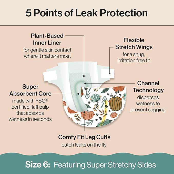 The Honest Company Clean Conscious Diapers for Delicate Skin | Up to 100% Leakproof | Hypoallergenic, Fragrance Free | Fall '25 Limited Edition Prints | Club Box, Size 6 (35+ lbs), 40 Count