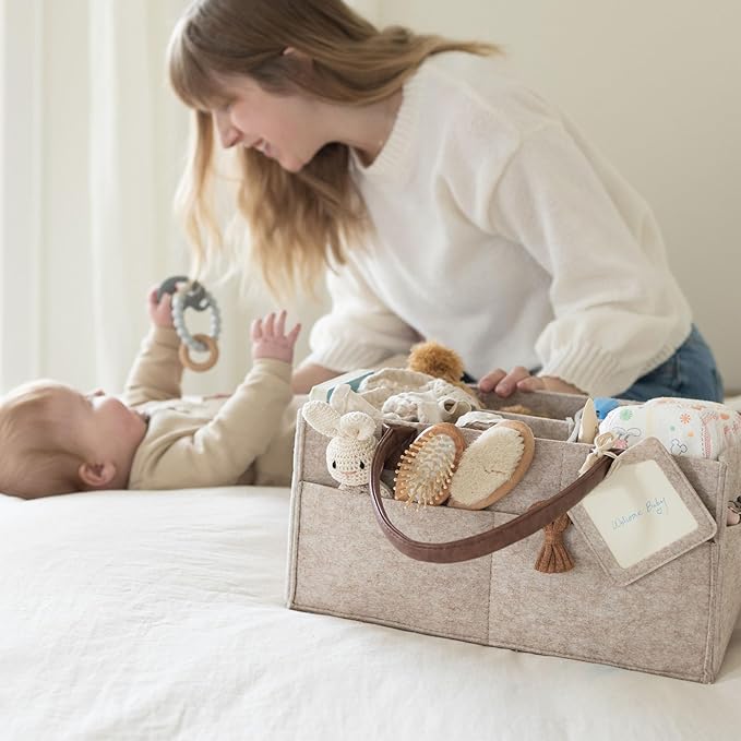 Lily Miles Baby Diaper Caddy Organizer, Nursery Storage Basket for Newborn Essentials, Neutral Gift for Baby Shower, Registry Must-Have, Car Organizer for Diapers and Wipes - Sand, Large