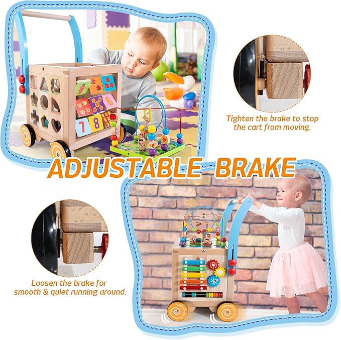 Wooden Baby Walker | Baby Push Walker with 9-in-1 Activity Cube, Sit to Stand Learning Walker Toy with Wheels for Boys Girls, Montessori Activity Center Walker, Adjustable Speed & Height