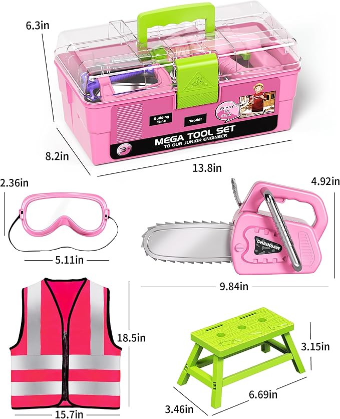 Deejoy Tool Set with Tool Box & Electronic Toy Drill, Pretend Play Kids Construction Kits for Kids Ages 3-5 Years Old, Toddler Tool Set(Pink)