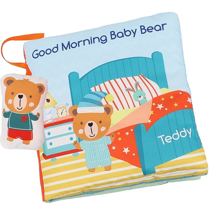 Teddy Bear Baby Toy Cloth Crinkle Books for Babies Infant Toddler, Soft Toys 0-6-12 Months Activity Tummy Time Mirror Toy, Gifts for Boys Girls Baby Shower, 1-2-3 Years Old-Morning