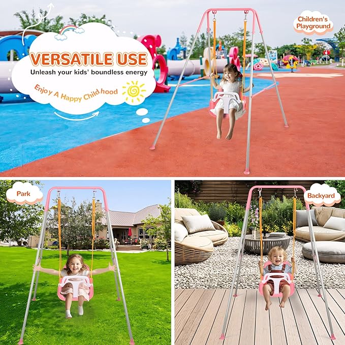 4-in-1 Swing Set & Baby Jumper and Bouncer for Toddler, Heavy Duty Baby Swing Set with Foldable Metal Stand for Indoor & Outdoor Play, Adjustable Swingset for Toddler (Pink)