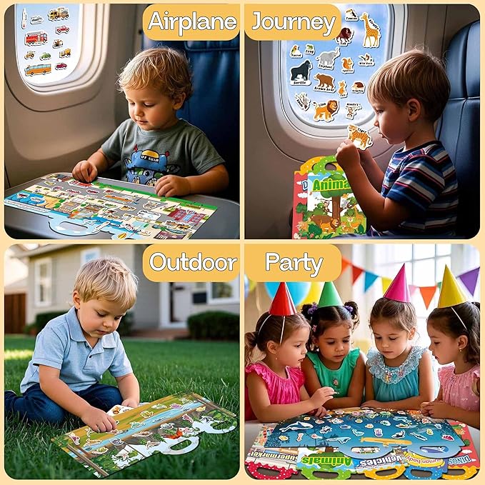 6 Sets Reusable Sticker Books for Toddlers, Jelly Sticker Books for Toddlers, Toddler Travel Toys for Kids 3 4 5 Year Old Girls Boys