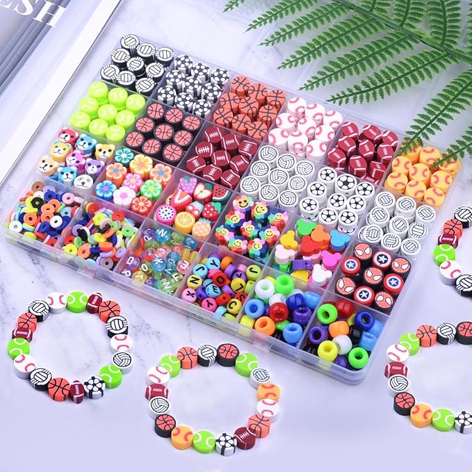 1000PCS Sports Polymer Clay Beads Bracelet Making kit, 24 Style Cute Fun Ball Beads Baseball Basketball Soccer Rugby Volleyball Football Charms, DIY Bracelet Making kit