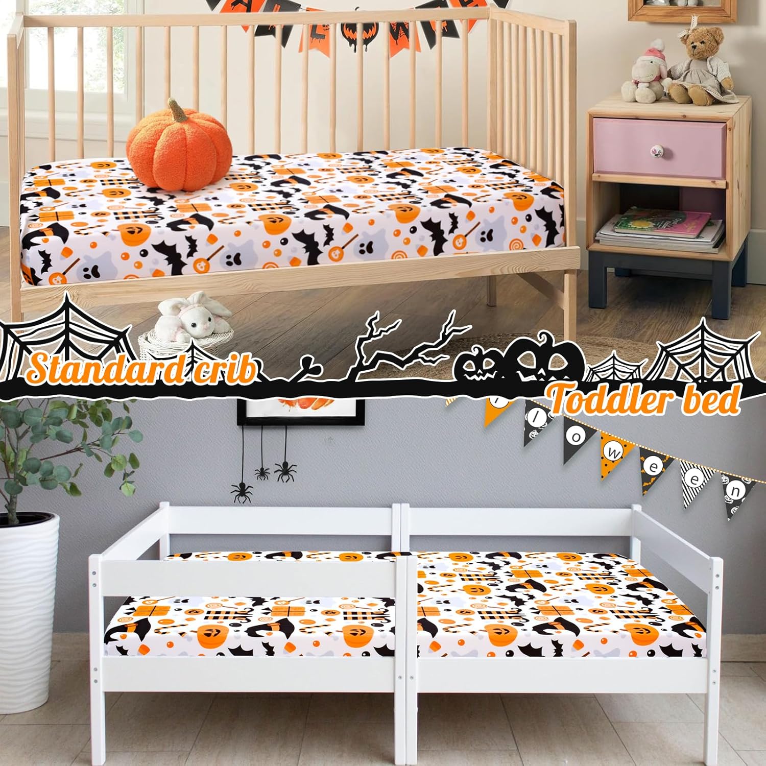 UOMNY Halloween Pumpkin Crib Sheet for Boys Girls Pumpkin Ghost Fitted Crib Sheets for Standard Crib 52 X 28 Inch Toddler Crib Mattresses Sheet