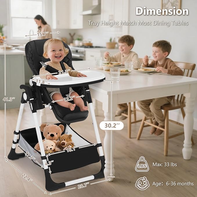 Kinder King Convertible Baby High Chair, Adjustable Feeding Chair for Babies and Toddlers with Removable Double Tray, Simple Compact Fold for Space-Saving, 2 Built-in Wheels, Easy to Clean, Black