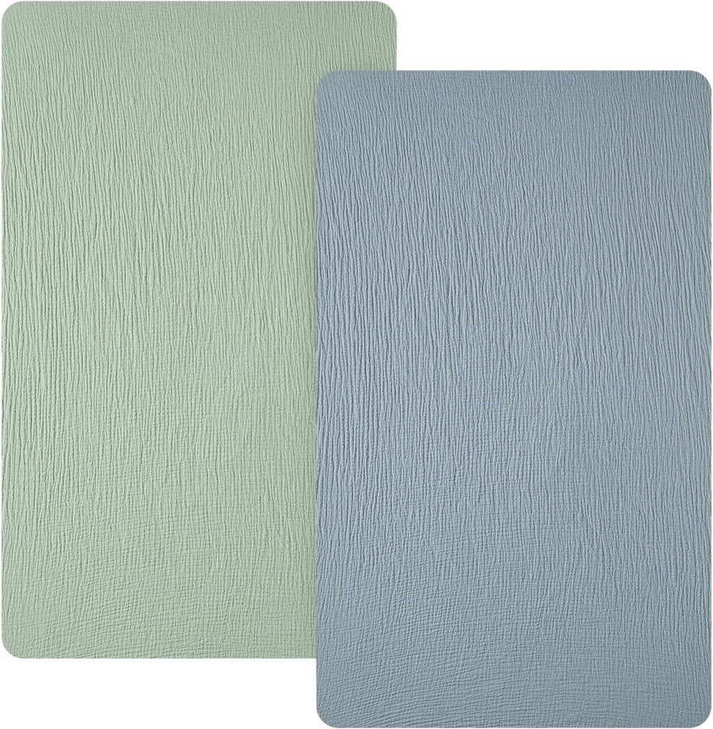 david's kids Muslin Mini Crib Sheets, 2 Pack Cotton Pack N Play Sheets for Boys Girls Neutral, Soft Breathable Baby Sheets Fit Pack N Play, Playard and Mini Crib Mattresses, Sage Green & Dusty Blue